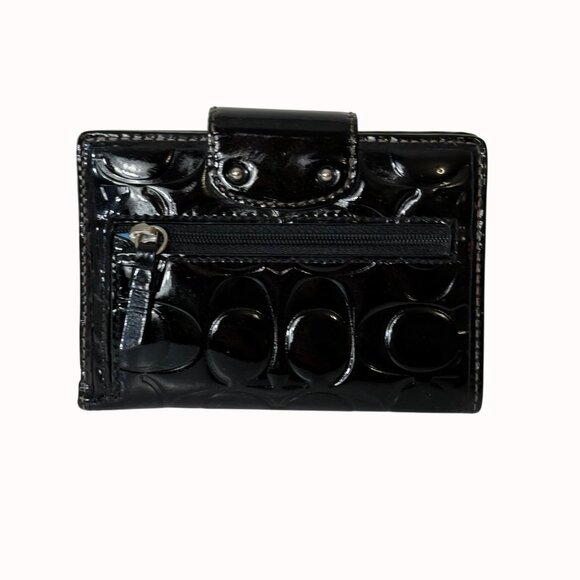 Coach Black Patent Leather Wallet Trifold Turnlock Closure Embossed Signature - Picture 2 of 16